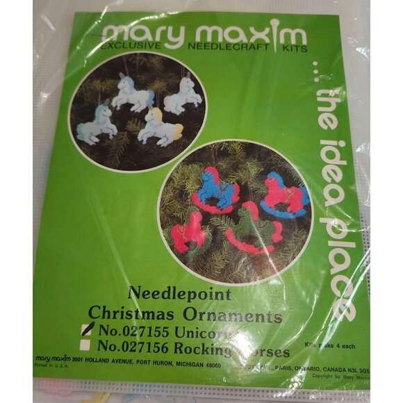 Mary Maxim Needlepoint Christmas Ornaments Kit #027155 Unicorn & #027156 Rocking - Picture 1 of 9
